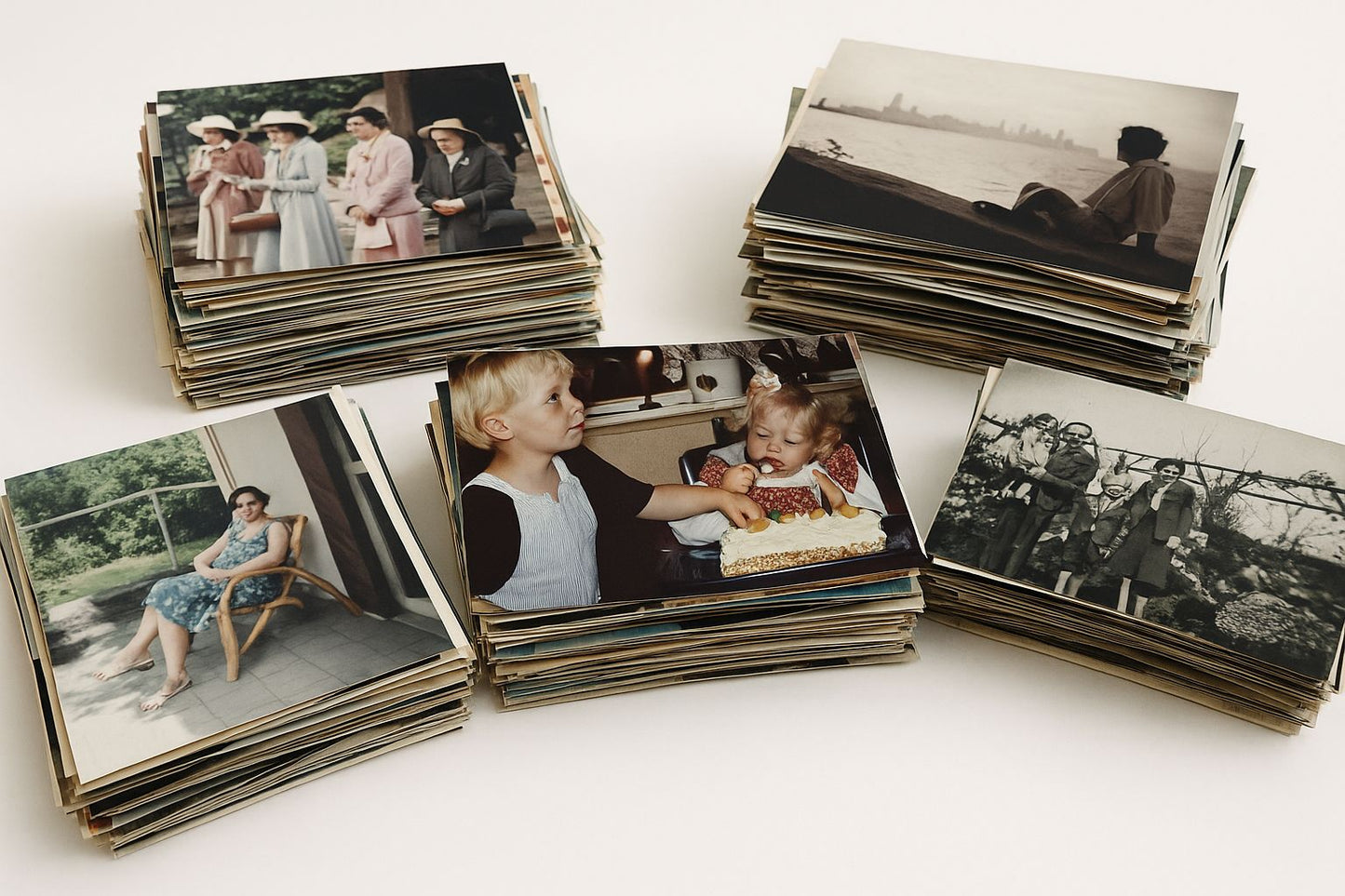 A collection of loose photographs spilling out of an open shoebox. The photographs appear to be of various personal subjects, including portraits and possibly family photos.