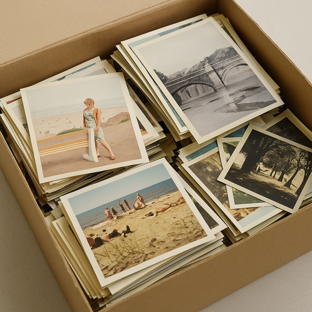 A shoebox containing numerous loose photographs spilling out onto a table, with varying degrees of visibility.