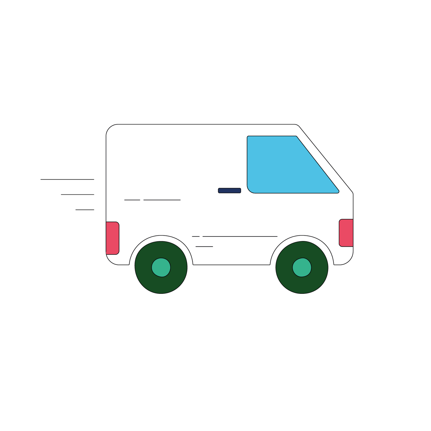 Simplified line drawing of a white van depicting the home photo collection service offered by Vintage Photo Lab. 