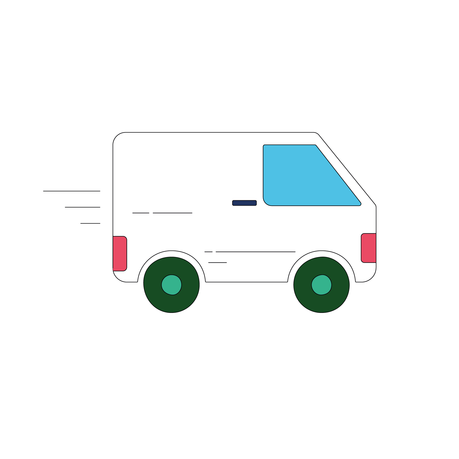 Simplified line drawing of a white van depicting the home photo collection service offered by Vintage Photo Lab. 
