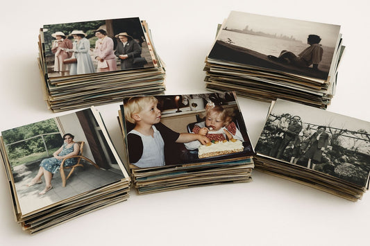 A collection of loose photographs spilling out of an open shoebox. The photographs appear to be of various personal subjects, including portraits and possibly family photos.

